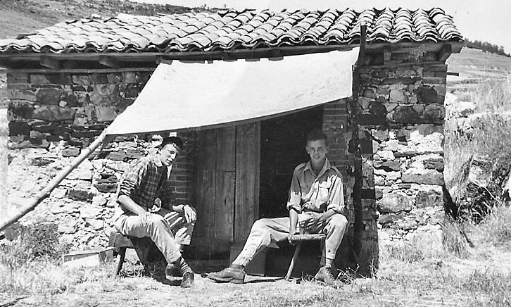 With Hauk in front of our small 'office' shed, 1958