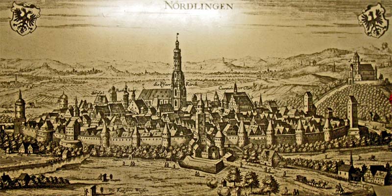 Engraving of the ancient town of Nördlingen